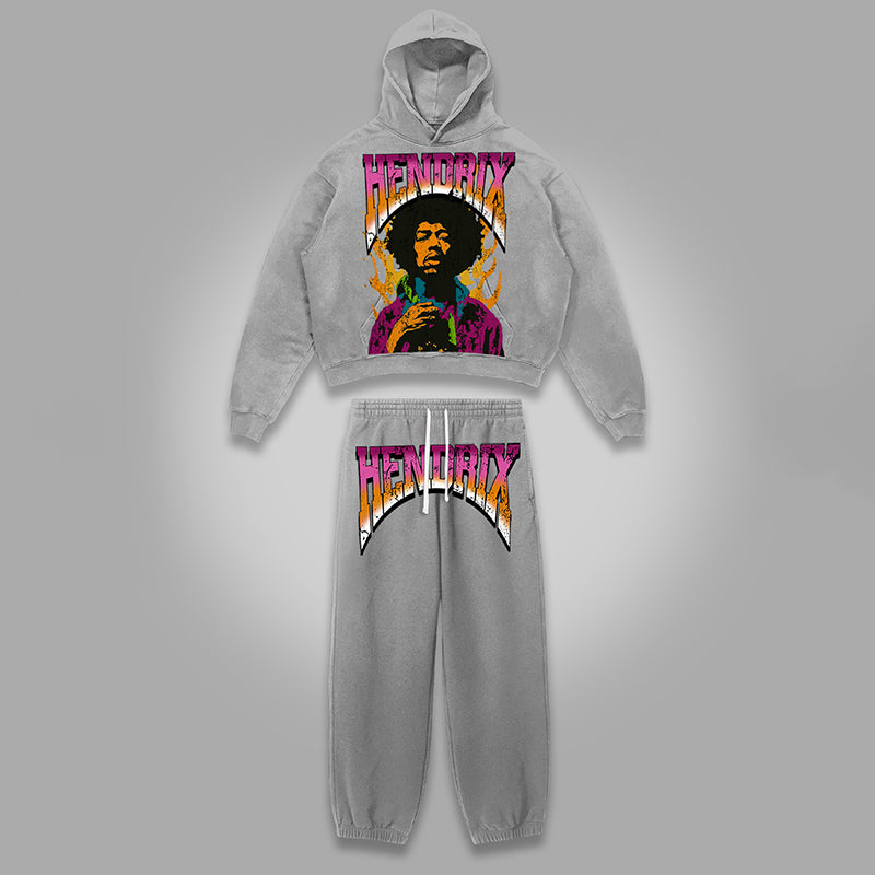 Vercoo Vintage Jimi Hendrix Graphic Print Tracksuit Two Piece Set