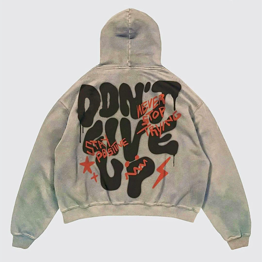 Vercoo Vintage Unisex Don T Give Up Graphic Acid Washed Oversized Hoodie