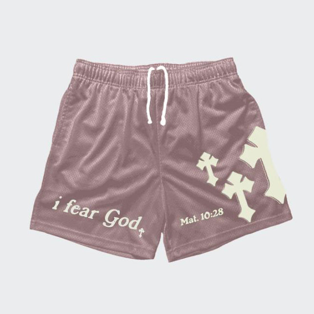 I Fear God Cross Print Graphic Mesh Shorts