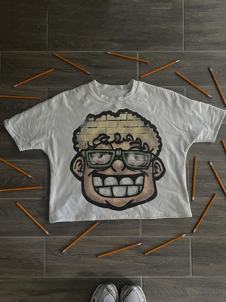 Vintage Fake Smile Boy Cartoon Pattern Short Sleeve T-Shirt