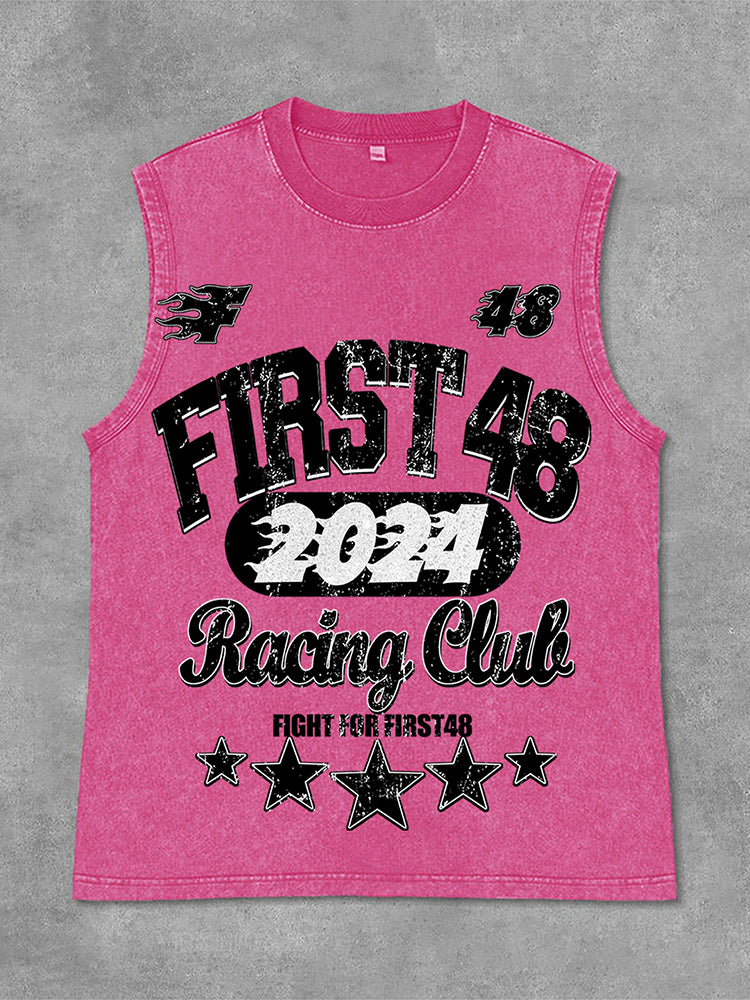 Vercoo Vintage Street First48 Racing Graphic Print Acid Washed Sleeveless Tank Top