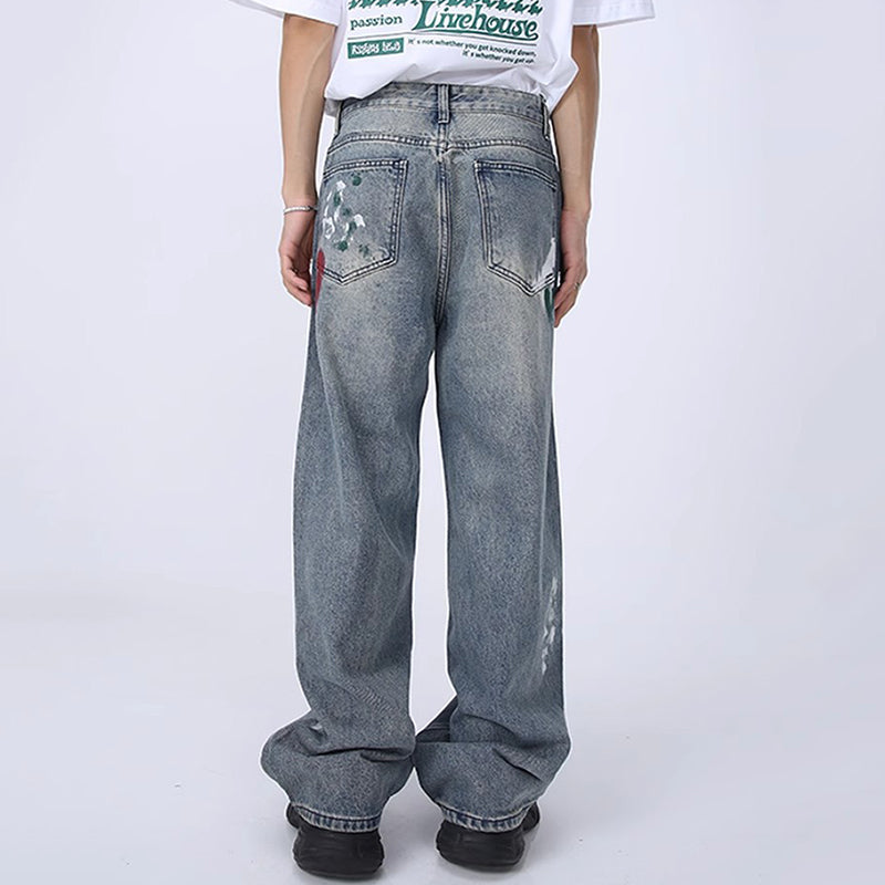 Men's Graffiti Ripped Floor-Length Wide-Leg Jeans